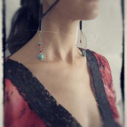 Raven Queen long dangle chain earrings hairpipes carved turquoise skulls natural garnets feathers